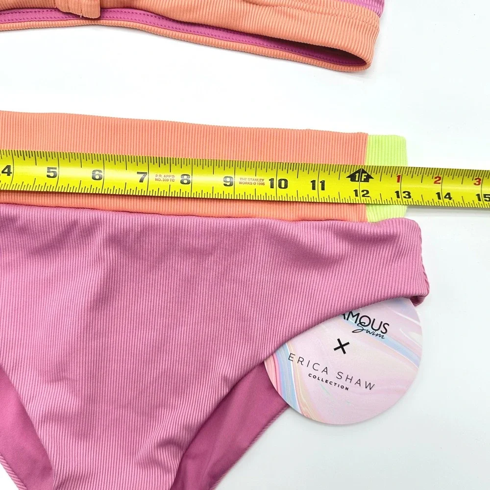 Infamous Swim Erica Shaw Lola Ginger Bikini Set Pink Orange Lime Green Large NEW